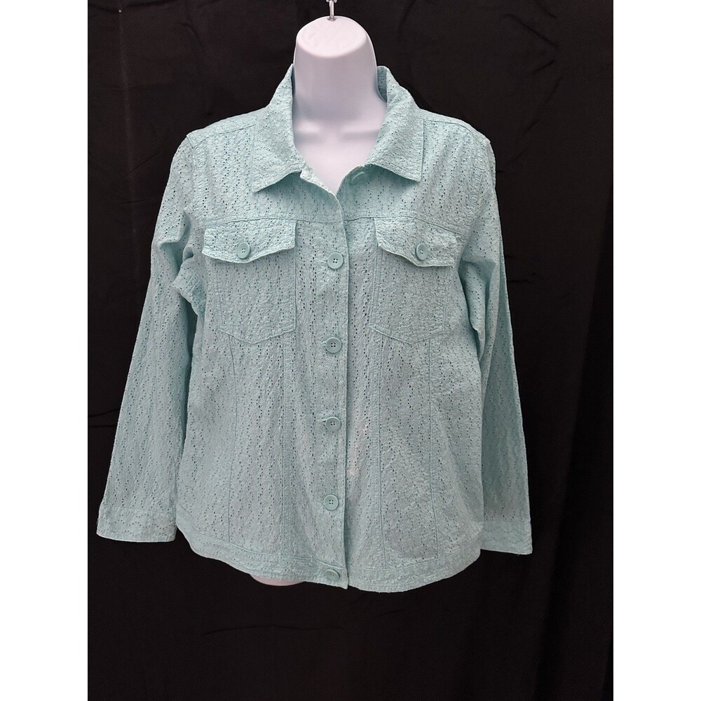 Denim & Co., Women’s Aqua Blue Embroidery Lace Collared Button Jacket Sz L